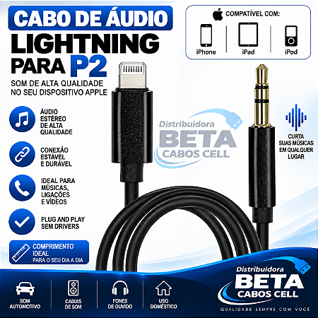 Cabo Auxiliar Áudio Lightning para P2 Macho 3,5mm Para iPhone