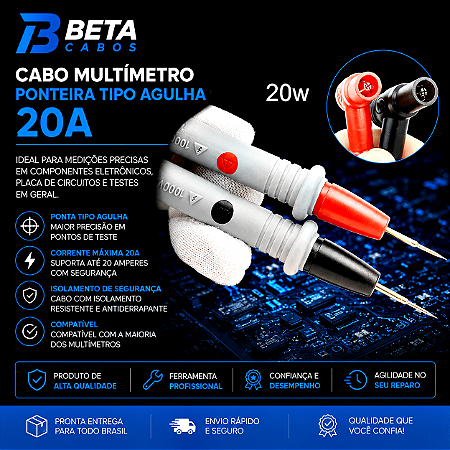 Cabo Multimetro Ponteira Teste De Prova Tipo Agulha 20A WY