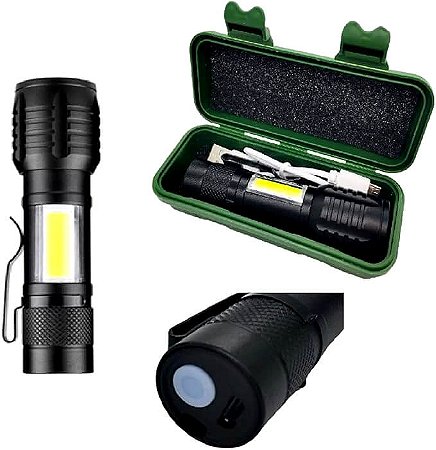 Mini Lanterna LED Recarregável Manual Tática 3 Modos de Iluminação USB Regulagem de Zoom Função Lampião
