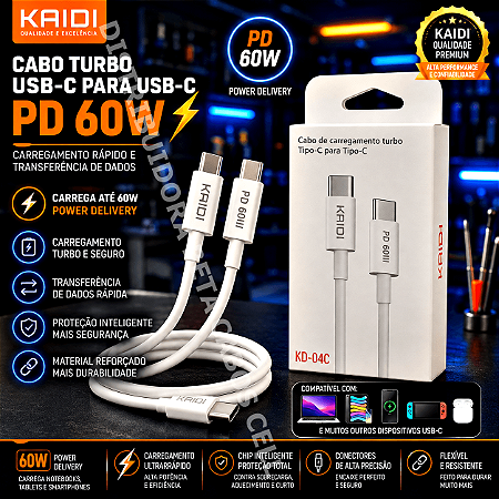 Cabo KAIDI 2 Metros Turbo Usb-c Tipo c Para Tipo C Pd 60w