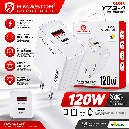 Fonte Carregador Turbo H’Maston Y73-4 120W USB + Tipo C