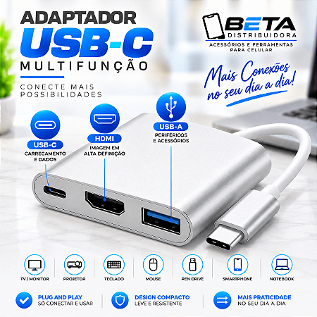Adaptador Hub USB-C 3 em 1 com HDMI + USB 3.0 + USB-C para Notebook Celular e Monitor