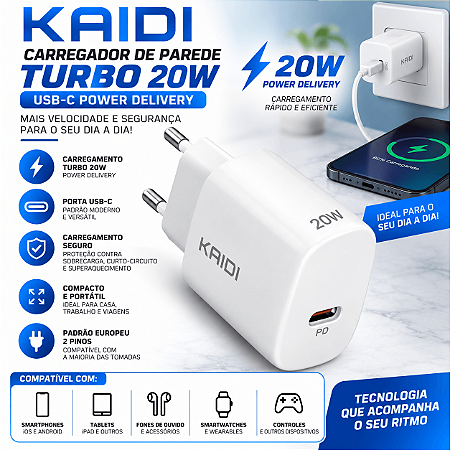 Fonte Turbo KAIDI 20W USB-C Power PD para iPhone e Android