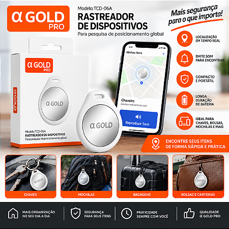 Tag Rastreadora Bluetooth α Gold Pro Localizador para Chaves Bolsas Mochilas e Bagagens Veicular