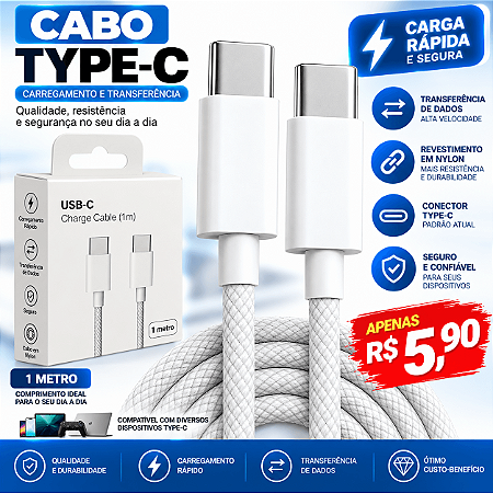 Cabo USB C para USB C Type C 60w 1 Metro Revestido em Nylon