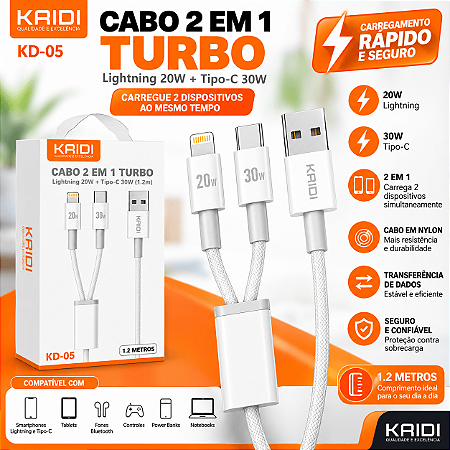 Cabo 2 em 1 Turbo KRIDI KD-05 USB-A para Lightning 20W + USB-C Tipo-C 30W Nylon 1,2 Metros