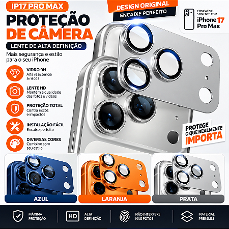 Protetor de Câmera iPhone 17 Pro Max Vidro com Moldura de Proteção para Lentes