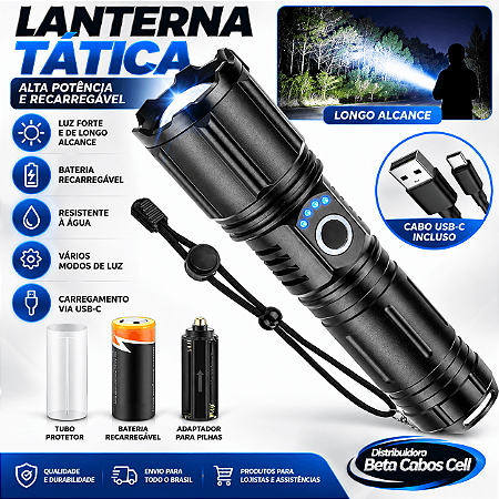 Lanterna Tática Recarregável LED de Alta Potência com Zoom 5 Modos de Iluminação e Carregamento USB-C