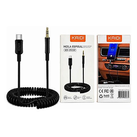 Cabo Tipo Espiral Mola Adaptador Áudio P2 Macho para Tipo C
