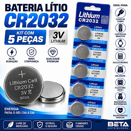 Bateria Cr 2032 Cartela 5 Unidades Pilha 3v NVD