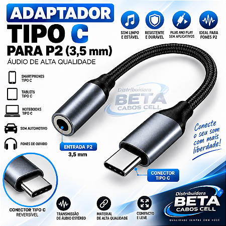 Cabo Adaptador Conversor Tipo c Type C para P2 Femea