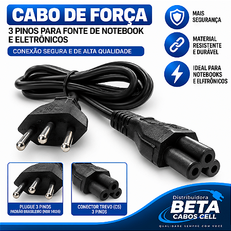 Cabo De Força Energia Para Fonte Notebook Tripolar Padrão Br