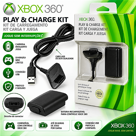 Bateria Para Controle Xbox 360 Com Cabo E Carregador Preto X