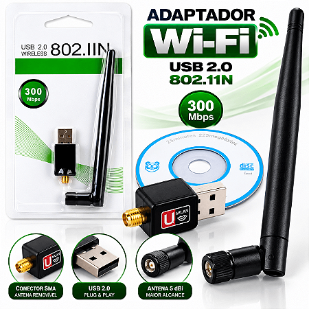 Adaptador Wireless Usb Sem Fio Com Antena Wifi 300mbps 802 VPN