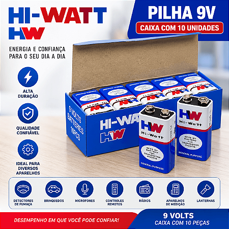 Bateria Pilha 9V Hi-Watt Uso Geral Caixa com 10 Unidades