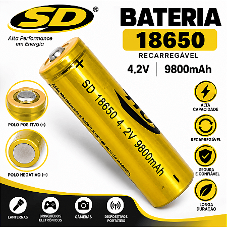 Bateria Recarregável 4.2v Litio Sd 18650 26800mah para Lanterna Tática X