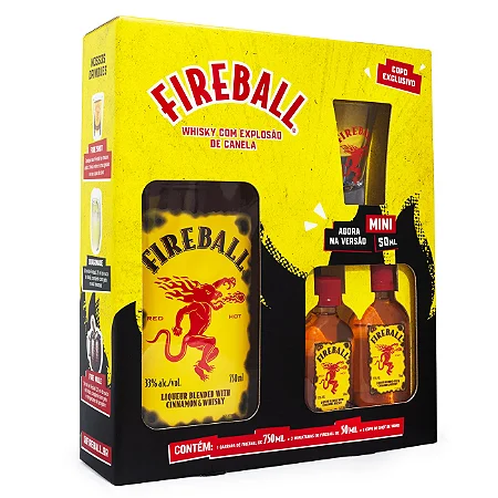 KIT Licor Fireball 750 ml + 2  Miniaturas 50 ml + Copo Shot