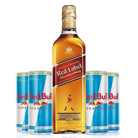 Combo Whisky Johnnie Walker Red Label - 1L + 4 Red Bull Sugar Free