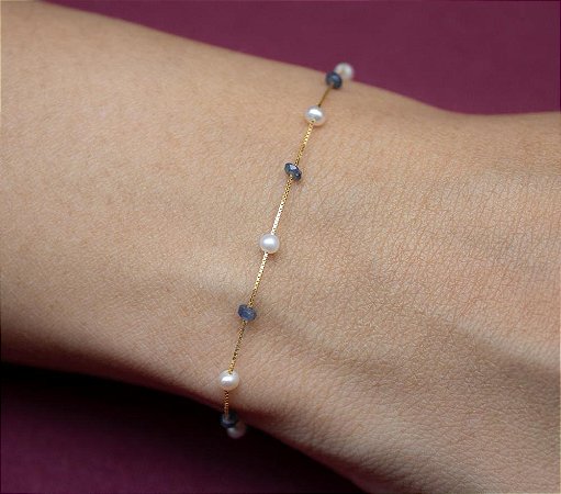Pulseira veneziana em ouro 18k com pérolas e safiras azuis