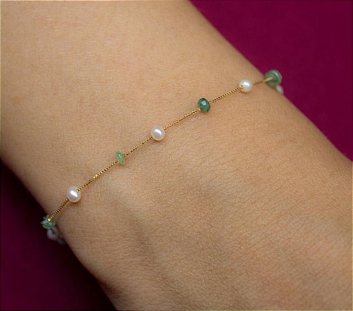 Pulseira Veneziana em Ouro 18k com Pérolas e Esmeraldas