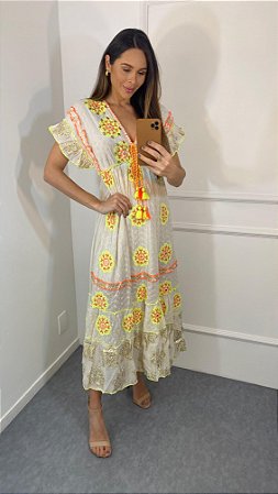 VESTIDO BOHO GAL LIMA/LARANJA