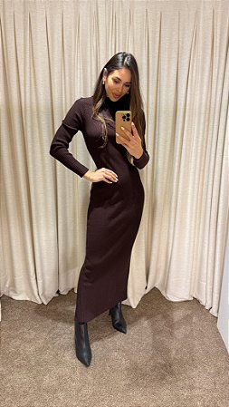 VESTIDO TRICOT LONGO MARROM