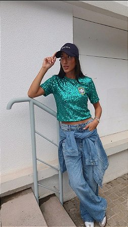 CROPPED PAETÊ VERDE BRASÃO BRASIL