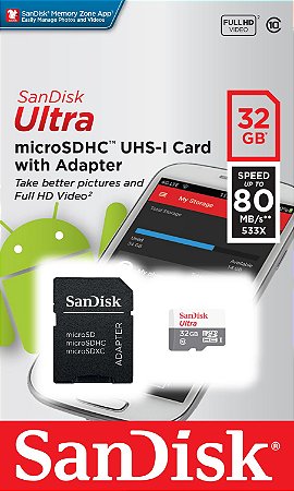 Cartão Memória 32Gb Class 10 Micro SD/SD SanDisk 7 anos de garantia