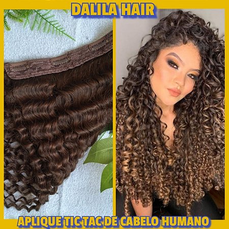 APLIQUE DE CABELO HUMANO CACHEADO 60CM TIC TAC E FIO INVISIVEL COR CASTANHO MÉDIO PERSONALIZADO 54