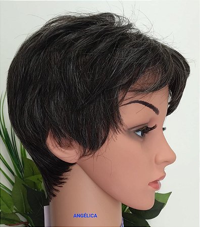 PERUCA ANGÉLICA CABELO ORGANICO SEMELHANTE AO HUMANO CASTANHO ESCURO COM GRISALHO