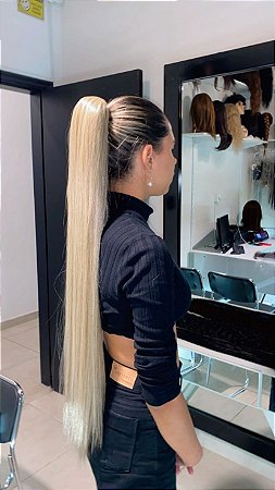 RABO DE CAVALO CABELO BIO FIBRA LISO 80CM LOIRO CLARO PEROLADO
