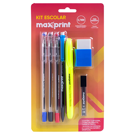 Kit Escolar volta as aulas kit com 7 iten MAX PRINT 70000146 Caneta, Lapiseira, Marca texto, Borracha, grafite