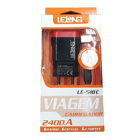 Carregador Turbo Rapido Tipo C 2400ma 2 Portas Usb Le-518c