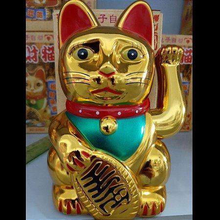 Gatinho Da Sorte Gato pilha  Balança A pata - Maneki Neko Japonês Dourado 15CM