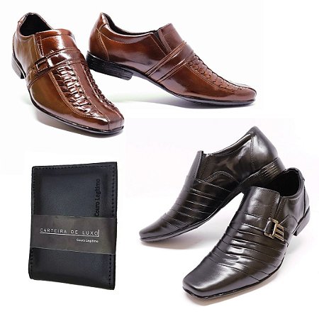 Kit promocional em couro, 2 sapatos masculinos e 1 carteira - RN Shoes