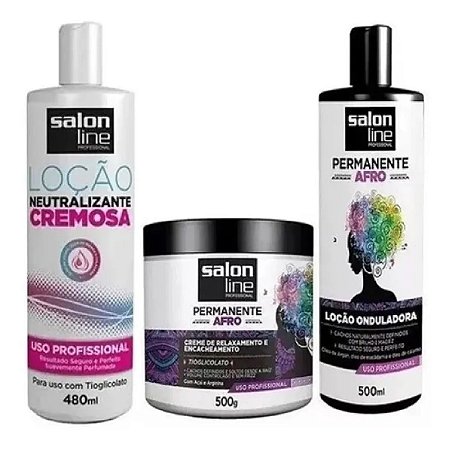 Salon Line Afro Permanente kit 03 Locao Onduladora Neutralizante Creme Relaxamento Encacheamento
