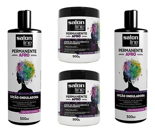 Salon Line Afro Permanente kit 04 Locao Onduladora Creme Relaxamento Encacheamento