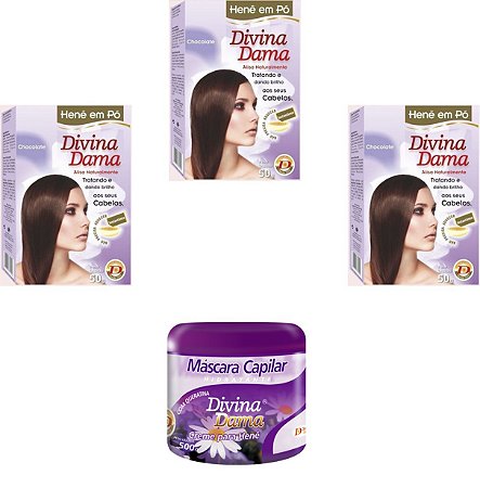 Divina Dama Chocolate Hene Em Po 03x50g Jaborandi + Mascara Hidratante Branco 500gr Incolor