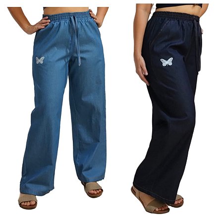 Calça Pantalona Feminina Wide Jeans Leg Cos Alto Com Elastico linda e charmosa estampa de borboleta moda