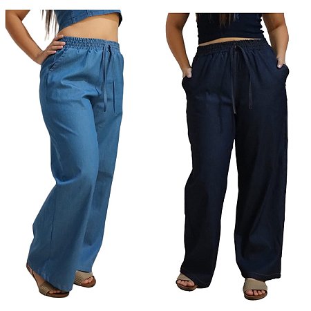 Calça Pantalona Feminina Wide Jeans Leg Cos Alto Com Elastico