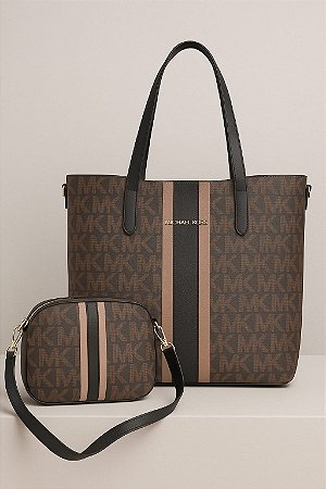 Kit 2 Bolsas Femininas Michael Kors – Shopper Grande + Transversal Média – Monograma MK Marrom com Listras
