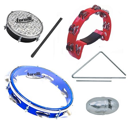 Kit Samba Pandeiro Pele Transparente + Meia Lua + Tamborim + Triângulo
