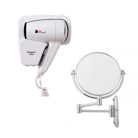 Kit Hotelaria Secador de Cabelo de Parede 1500W e Espelho de Parede 8" Panther (KMY67250/PTH1458)
