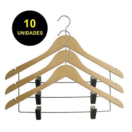 Kit 10 Cabides de Madeira Gancho e Presilha Panther PTH8002-F Cor Marfim