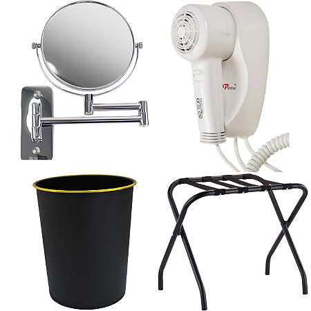 Kit Air BNB Econômico Maleiro Secador de Cabelo Espelho de Parede Lixeira 10L (PTH7307+KMY20000+PTH1306+PTH1063)