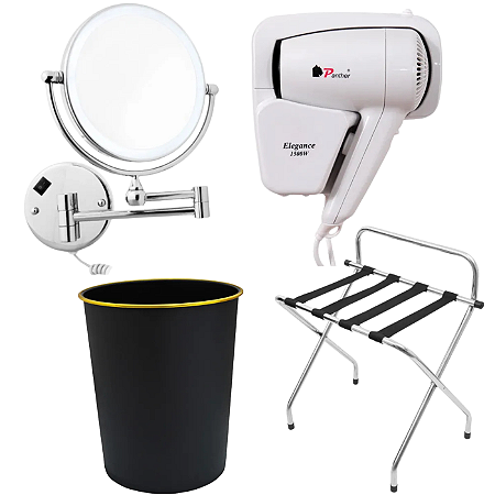 Kit Air BNB Luxo Maleiro Secador de Cabelo Espelho LED de Parede Lixeira 10L (ES6023+KMY67250+MC2188+PTH1063)
