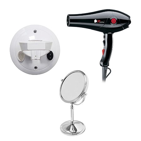 Kit Beauty Secador Profissional com Suporte Parede e Espelho de Base Panther (PTH130/2009-B/PTH326)