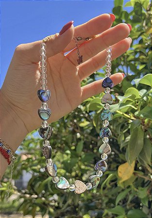 Gargantilha Quartzo Cristal com Abalone - Coração