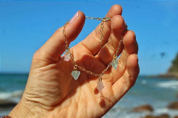 Pulseira Água Marinha e Quartzo Rosa - Dourada