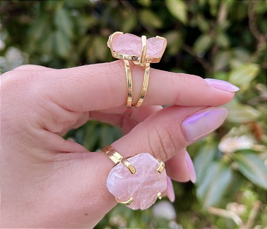 Anel Quartzo Rosa - Dourado